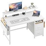 Klyvvo Schreibtisch mit 2 Schubladen Bieten Stauraum, Computertisch, 100x48 Schreibtisch mit Monitorständer, 2 Ablagehaken, Kompakte Maße Passen Gut in Studierende, Home-Office-Arbeiter, Weiß
