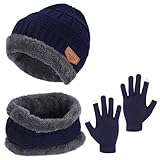 FAOKZE Kinder Wintermütze Schal Touchscreen Handschuhe Set,Wintermütze und Schal-Set,Dicker, Weicher,Doppelschichtiger kinder mütze winter und Halswärmer,Beanie Strickmütze für Junge Mädch 5-10 Jahre