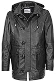 Herren Leder Dufflecoat mit abnehmbarem Hoodie Parka Jack Schwarz (42)