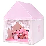 HOMASIS Kinderzelt für Indoor, Kinderspielhaus mit gepolsterte Matte & Fenstern & Holzrahmen & Vorhang, Kinder Spielzelt Prinzessin Zelt für Mädchen & Jungen, Bettzelt Tipi Zelt 105x120x140 cm (Rosa)