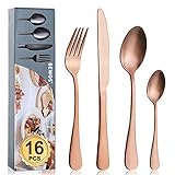 BEWOS 16-teiliges Edelstahl-Besteckset mit Löffel, Messer und Gabel für 4 Personen Spülmaschinenfest, pflegeleicht, hochglanzpoliert