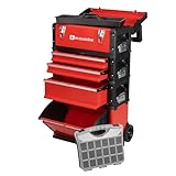 Werkzeugkönig Werkzeugtrolley 4 Teile Stahlblech Rot pulverbeschichtet - 1 Werkzeugkoffer, 2 schmale Schubladen, 1 hohe Schublade, 1 großes Klappfach - gratis Kleinteilekoffer