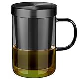 ecooe Schwarz Glas Teetasse mit Sieb und Deckel, Teeglas mit Henkel, Borosilikat Teetasse mit Tee-Filter