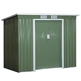 Outsunny Gerätehaus 2,42 m², Gartenhaus mit Lüftungsfenster, Schiebetür, Fundament, 213 x 130 x 159/172 cm, Geräteschuppen aus Verzinkter Stahl, wetterfest, für Garten, Grün