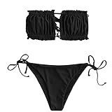 ZAFUL Damen Bikini Set, schulterfrei Bandeau mit Kordelzug & Rüschen High Cut Einfarbig Bademode (Schwarz, M)