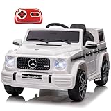 12V Kinder Elektroauto Mercedes Benz G63, Elektrische Kinderfahrzeuge, Elektrofahrzeug 2-türig mit 2,4G-Fernbedienung, MP3, Musik, LED-Leuchten und 5 Punkt Sicherheitsgurt für Kinder, Weiß