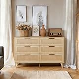 Rattan-Kommode, 6 Schubladen, Kommode für Schlafzimmer, natürlicher Holzschrank mit Rattan-Front, moderne Schlafzimmermöbel, stabiler und geräumiger Organizer, für Schlafzimmer, Flur, Wohnzimmer