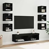 sephironlbb Wandmontierter TV-Schrank mit LED-Lichtleisten, 8-teilig, Schwarz Eichen-Optik, Glasregale, Modernes Design für Wohnzimmer und Schlafzimmer