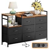 ODK Kommode mit Schubladen, 2 USB & 2 AC-Anschlüssen, 8 Schubladen aus Stoff - Geeignet für Multifunktionaler Schubladenschrank für Schlafzimmer und Wohnzimmer, 132 * 30 * 88 cm,Vintage und Schwarz