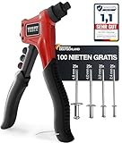 RAM TOOLS® Nietenzange, Nietzange Set inkl.100 Nieten in 4 Größen, Blindnietzange mit patentierter Technik, Nieten Setzen auf Profiniveau
