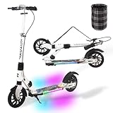 GHBXJX Big Wheel Scooter mit LED Leuchtet Deck, Cityroller, 4-Fach Höhenjustierbarer & zusammenklappbarer Tretroller mit Scheibenbremse und Stoßdämpfern Sportlicher Kinder & Erwachsenenrolle,Weiß