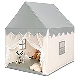 COSTWAY Kinderspielhaus Kinderzelt Spielhaus Prinzess Prinzessin, Kinderspielzelt Stoffzelt mit Massivholzrahmen & Baumwolldecke, Kinderspielburg für Jungen Märchen 120x105x140cm (Beige)