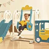 5 in 1 Kinderrutsche mit Basketballkorb, Schaukel Rutsche, Kinder Rutsche, Indoor Kunststoffrutschenset Für Kinder, Kinder Spielplatz Gartenrutsche, für Max 55KG ab 3-8 Jahre,Grün