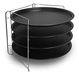 FORMEGOLOSE , Set mit 4 tiefen Pizzablechen (32 cm) - Stahl mit doppelter Antihaftbeschichtung, Schwarz, inklusive 1 platzsparendem klappbarer Stahlrahmen