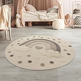 TT Home Kinderteppich Kinderzimmer Teppich Spielteppich Kurzflor Sonne Flauschig 3D, Farbe:Dunkelbeige Dunkelcreme Creme, Größe:120 cm Rund