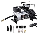 KATSU Auto Kompressor Luftpumpe 12V DC 14A 150PSI für Auto Fahrrad Motorrad + 3 Ventiladapter + 4 Ventilen + Aluminiumabdeckungen