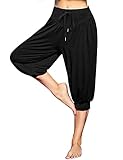 Terecey Locker Yogahose Damen Capri 3/4 Pumphose Kurz Haremshose Sommer Freizeithose Modal Sporthose Caprihose mit Taschen und Gummizug für Jogging Yoga Schwarz S