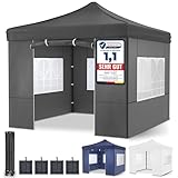 ONBEST Pavillon – 3x3m – Großer Eingang - Wasserdicht – Pop up Gestell – Seitenwänden mit 3x3 Fenstern – Zusätzlich mit Tasche – Faltbarer Outdoor Pavillon Faltpavillon (Grau)