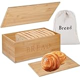 Jasvelly Bambus Brotkasten mit Schneidebrett-Deckel und Leinenbeutel – Geschlossene Brotbox für frische Aufbewahrung – 33 x 19 x 13.5 cm – Schönes und praktisches