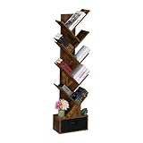 Relaxdays Bücherregal, 9 Ebenen, HxBxT: 146 x 38 x 22 cm, Baumform, Bücher, CDs, DVDs, Bücherbaum mit Schublade, braun