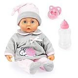 Bayer Design 93824BC Babypuppe interaktiv, Spielpuppe sprechend, weicher Körper, Schnuller, Flasche, 38 cm, Grau, Rosa