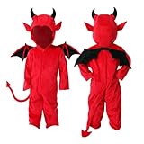 Generisch Halloween Kostüm Kinder Jungen Mädchen Rot Teufelchen Kostüm Inklusive Flügel verall Jumpsuits mit Kapuze Faschingskostüme Teufel und Dämonen für Partys und Feiern Teufelkostüm 2-8 Jahre