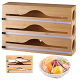 imposyu Frischhaltefolie Abroller Holz 3 in 1 Frischhaltefolienspender Alufolienspender und Frischhalte Folienschneider Küche 34x23x7cm für Küche Organizer