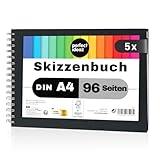 perfect ideaz - 5er Set Skizzenbuch DIN-A4 Quer, Spiralbindung, FSC® zertifiziert, 96 Seite (48 Blatt), Hardcover Schwarz, Sketchbook, 200 g/m² dickes Papier, säurefrei (5 Bücher)