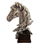 Pferdekopf Skulptur auf Sockel - Kunstharzstatue - Pferdestatue Kopf in der Farbe Silber - Tischdeko mit Sockel - Elegante Pferdefigur als Dekoration für Wohnzimmer, Büro - Tischdeko Dekofigur Pferd