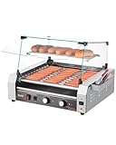 VEVOR Hot Dog Maschine 11 Rollen Edelstahl, 2200 W, Elektrogrill mit Abdeckung & 2 Temperaturregler & seitlicher Aufbewahrungsbox & herausnehmbarem Regal & Ölauffangschale