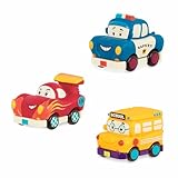 B. toys Weiche Spielzeug Autos zum Zurückziehen und Loslassen – Polizeiauto, Rennauto, Schulbus – Motorikspielzeug für Kinder ab 1 Jahr (3 Stück)