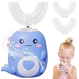 Kinderzahnbürste Elektrisch, 360° Automatische Ultraschall Elektrozahnbürste, Ultraschall Zahnbürstemit 3 U-förmigen Silikonbürstenköpfen,mit LED, Dino Zahnbürste Elektrisch für Alter 2~6 Jahre (Blau)