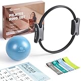 LIONSCOOL Pilates-Ring-Set – 14“/35cm Magic Circle mit Doppelgriffen – Inkl. platzfestem Miniball, Widerstandsbändern, Anleitung und Tasche (Blau)