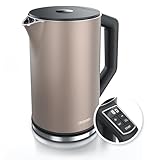 Arendo - Edelstahl Wasserkocher mit Temperatureinstellung 40-100 Grad in 5er Schritten - Doppelwand Design - Modell ELEGANT - 1,5 Liter - 2200 W - Teekocher mit Temperaturanzeige - GS - Bronzo
