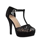 stiefelparadies Damen Pumps Plateausandaletten Spitze T-Strap Sandaletten Party Schuhe 111303 Schwarz Spitze 39 Flandell