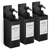 Anhow 3er Seifenspender Wandbefestigung Set, 500ml Seifenspender Wand Ohne Bohren Kunststoff Spülmittelspender mit 16pcs Wasserdichten Etiketten für Küche und Badezimmer - Schwarz