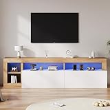 SHUGUANG Moderner TV-Schrank, Weiß+Holz Fernseher Schrank mit Offener Stauraum und 2 Kabinetttür, TV-Sideboard mit LED-Kontrollleuchte, für Fernseher unter 80 Zoll, für Schlafzimmer und Wohnzimmer
