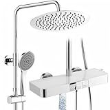 HOMELODY Duschsystem mit Thermostat und Glasablage Chrom - 30cm Regendusche mit Armatur Duscharmatur Komplettset, 3 Strahlarten Handbrause Kopfbrause und Unterer Auslauf - Duschset für Badzimmer