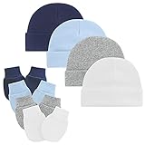 Century Star Neugeborenes Babymütze und Baby Handschuhe Set Baumwolle Beanie Unisex Mütze Baby Mädchen Jungen für 0-6 Monate 4er Set Weiß Hellblau Grau und Navy