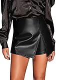GORGLITTER Damen PU Leder Hosenrock Casual Culottes Asymmetrisch Shorts Hohe Taille Rock mit Schlitz Schwarz M