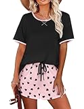 Ekouaer Damen Pyjamas Damen Shorty Schlafanzug Bequem Nachtwäsche Zweiteiliger Nachtwäsche Shorty Loungewear,Schwarz-Rosa Shorts,L