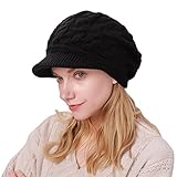 CheChury Damen Wollmütze Winter Mütze Warme Strickmütze Frauen Wintermütze Kaschmir Mütze mit Shirm Damen Schirmmütze Grobstrick Baskenmütze Winter Strickmütze mit Schirm Damen Barett Fleece,Schwarz