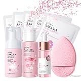 Japan Sakura Skincare Set für Teenager-Mädchen, Sakura Hautpflege Set Geschenkset Frauen, Gesichtspflege Geschenke Set, Make-up Beauty Set mit Reinigung Essenz Gesichtsmasken Make-up-Entferner