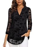Vafoly Blusen für Frauen mit V-Ausschnitt Damen Bluse 3/4 Arm Blumen Tunika Frauen Büro Casual Business Attire Elegant Doppellagig Mesh Locker Longshirt Frühling Beflockte Schwarze Blumen XXL