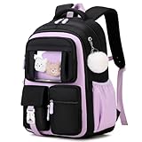 Amythe Schultasche Mädchen Rucksack Schule Mädchen, Atmungsaktiv Schulrucksack für Mädche 1. - 5. Klasse, Lässiger Schulranzen Kinder für Grundschule Mittelschule, Schwarz Lila
