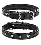 Jack & Russell Hundehalsband Leder schwarz mit Applikationen Herz & Blume – Doppellagiges Echt-Leder-Hunde Halsband Coer (M (34.5-43.0))