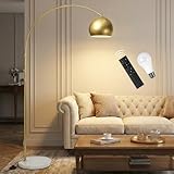 Stehlampe Wohnzimmer Dimmbar Gold, Modern Glockenschirm Design LED Stehleuchte mit Fernbedienung, Timer, 3 Lichtmodi und Speicherfunktion, 175cm Höhenverstellbar Bogenlampe Fußschalter Schlafzimmer
