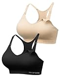 HOFISH Stützender Still-Sport-BH, nahtlos, mittlere Stützkraft, Racerback, gepolsterter Still-BH für die Schwangerschaft, 2er-Pack, Schwarz und Beige, Groß