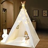 IREENUO Tipi Zelt für Kinder mit Lichterkette, faltbare Kinder Spielzelte Spielhaus für Mädchen und Jungen, Wigwam Zelt zum Spielen Outdoor Indoor (Weiß)