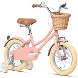Glerc 12 Zoll Kinder Mädchen Fahrrad für 3 4 5 Jahre alt kleine Mädchen Retro Vintage-Stil Fahrräder mit Korb Training Räder und Glocke, Pfirsich